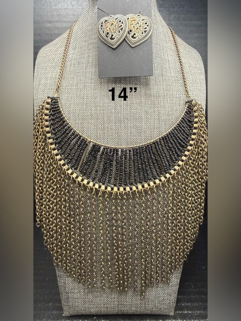 Statement Fringe Bib Necklace in Black and Gold